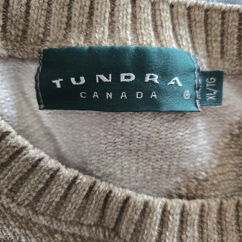 Vintage Tundra Canada Soft Knit Crewneck Sweater Colorblock Tan Blue Womens XL - Picture 9 of 11